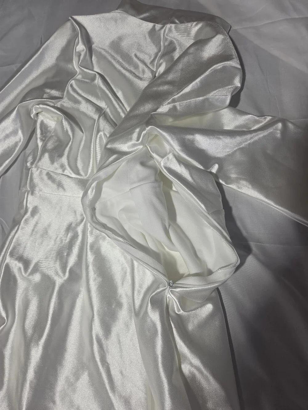 White Satin Long Sleeve V-Neck Wrap Midi Dress with High Low Hem